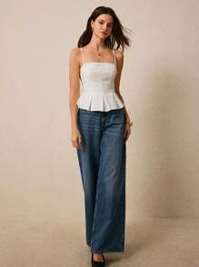 Poéselle Elegant Spaghetti Strap Peplum Top With Embroidered Detail - Ideal For Stylish Summer Outfits,Women's Peplum Tops, Spaghetti Strap Blouses, Cute Summer Tops, Embroidered Clothing, Chic Casual Wear - White - View 4