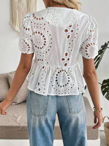 Chiquease Women's Tie Front Embroidered Puff Sleeve Blouse