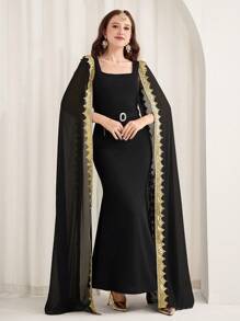 SHEIN 少女黑色方领斗篷袖美人鱼礼服，传统、奢华、优雅、复古 - 黑色 - 查看 6