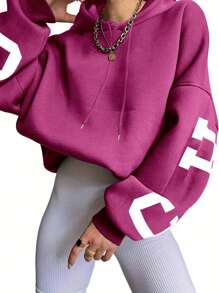 SHEIN EZwear 女士休闲连帽运动衫，简约时尚日常穿着，毕业典礼，教师，返校套头衫秋季 - 玫紅色 - 查看 2