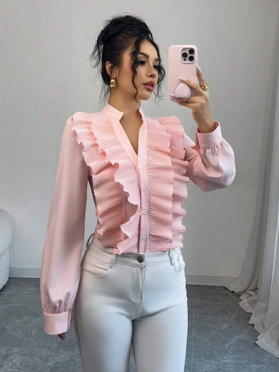 Elenzga Blusa Casual Feminina de Manga Longa com Decote em V e Borda Recortada - Rosa Bebê - Visão 1