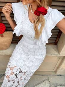 Elenzga Elegant White V-Neck Ruffle & Flower Lace Hollow Long Dress For Women - White - View 5