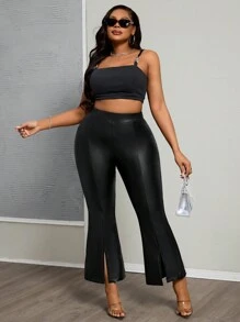 SHEIN PETITE CURVE 大码女式纯色高腰 PU 皮革开衩下摆时尚紧身裤 - 黑色 - 查看 6