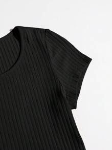 SHEIN EZwear Áo thun Gân đan màu trơn Giải trí - màu đen - Xem 3