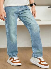 SHEIN Tween Boy Casual Preppy Daily Black Wash Fully Elastic Waist Flat Pockets Straight Jeans - Light Wash - View 3