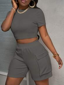 Slaydiva 春夏休闲基础款运动圆领短袖短款紧身T恤+修身侧立体工装口袋短裤七分裤杏色女两件套 - 灰色 - 查看 6