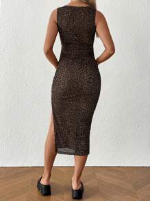 SHEIN Maternity Simple Leopard Print Sleeveless Crew Neck Split Hem Bodycon Dress - Brown - View 2