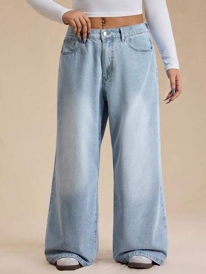 Forever 21 春季新款时尚低腰宽松阔腿休闲通勤高街简约浅蓝色水洗复古百搭大码女式牛仔裤