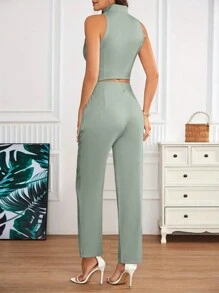 Calvaya 2 件套女士休闲无袖印花背心和西装裤套装，秋季 - 綠色 - 查看 2