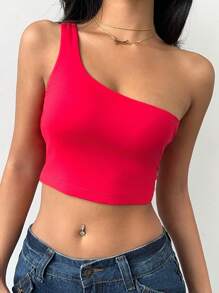 SHEIN BASICS 2 piezas Top corto ajustado de un solo hombro de punto de unicolor informal para mujer