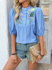 SHEIN Clasi Women's Blue Short Sleeve Shirt, Mesh Embroidered Woven Fabric, Simple Fashion Style With Buttons - Blue - View 4