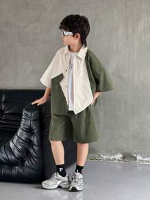 SHEIN 2pcs Kid Tween Boy Korean-Style Casual Versatile Comfortable Contrast Color Collar Patchwork Short Sleeve Loose Open Front Shirt And Shorts Set, Suitable For School, Garden, Beach, Birthday, Spring, Summer, Fall, Winter