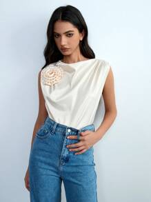 Chiquease Women's Solid Color 3D Floral Decor Pleated Camisole