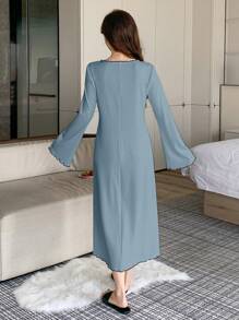 DAZY Sweet Contrast Bow Decor Wave Hem Flare Sleeve Mid-Length Nightgown Pajama - Blue - View 2