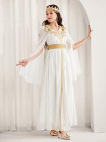 SHEIN Teen Girls Elegant Long Chiffon Dress With V-Neck, Flare Sleeves, Cinched Waist Belt, Slit, Luxurious & Glamorous, Suitable For Eid And National Day Festivals