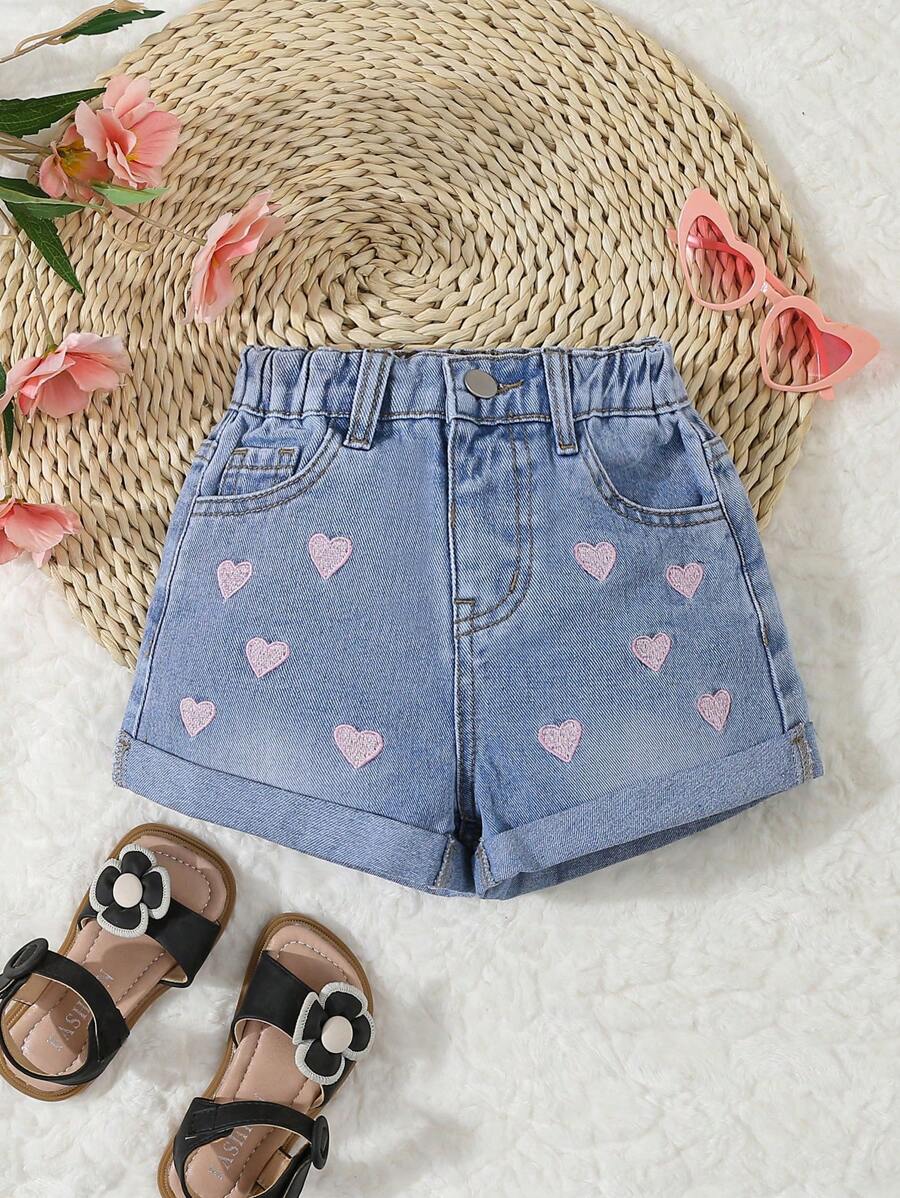 Young Girl Heart Embroidery Stylish Versatile Denim Shorts,Holiday,Summer,Travel