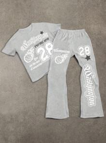 SHEIN Set da 2 pezzi per ragazzo adolescente, composto da t-shirt a maniche corte casual e pantaloni lunghi morbidi, stile punk rock da strada, adatto per festival primaverili/estivi e uso quotidiano, con stampe in inglese
