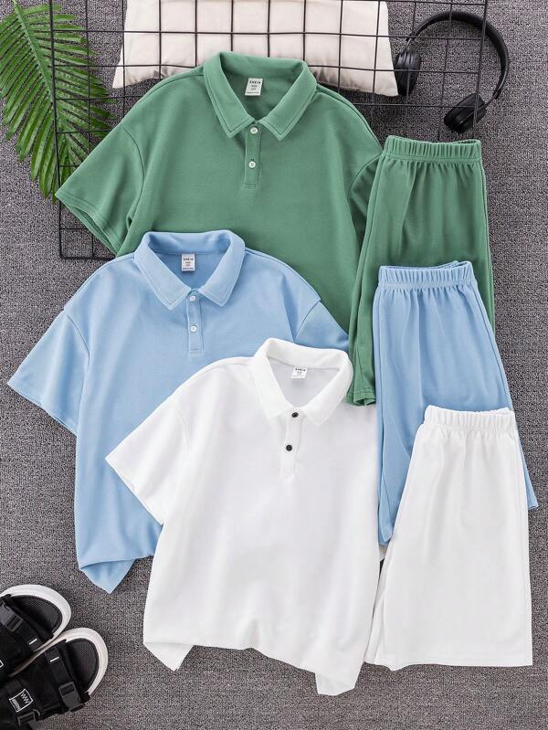 6 Stücke Tween Jungen Lässig Vielseitige Bequeme Polokragen Halb Reißverschluss Locker Kurzarm Top & Short 2 Stücke Stricksets, 3 Farben, geeignet für Schule, Garten, Strand, Geburtstag, Frühling/Sommer/Herbst/Winter