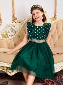 Tween Girls Elegant Ruffle Hem Foil Printed Mesh Party Dress For Spring/Summer - Dark Green - View 5