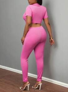 Slaydiva 2pcs/Set Sexy Chic Collared Lace-Up Short Sleeve Top And Tight Pants, Pink - Pink - View 2