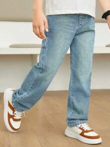 SHEIN Tween Boy Casual Preppy Daily Black Wash Fully Elastic Waist Flat Pockets Straight Jeans - Light Wash - View 4