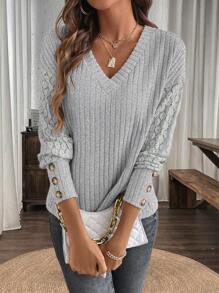 EMERY ROSE Camiseta de manga larga con cuello en V de encaje, detalles de botones y bloqueo de color para mujer, atuendo de primavera