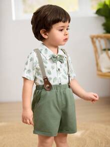 Cozy Pixies 2pcs Baby Boy Plants Print Collar Short Sleeve Shirt And Bib Shorts Suit Set