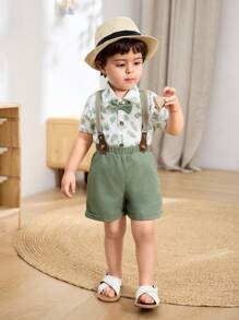 Cozy Pixies 2pcs Baby Boy Plants Print Collar Short Sleeve Shirt And Bib Shorts Suit Set