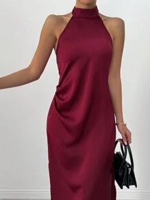 Chiquease Women's Solid Color Backless Draped Neck Elegant Maxi Dress - Burgundy - View 7