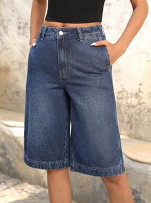 SHEIN LUNE Women's Loose Fit Pockets Wide Leg Capri Capri Jeans