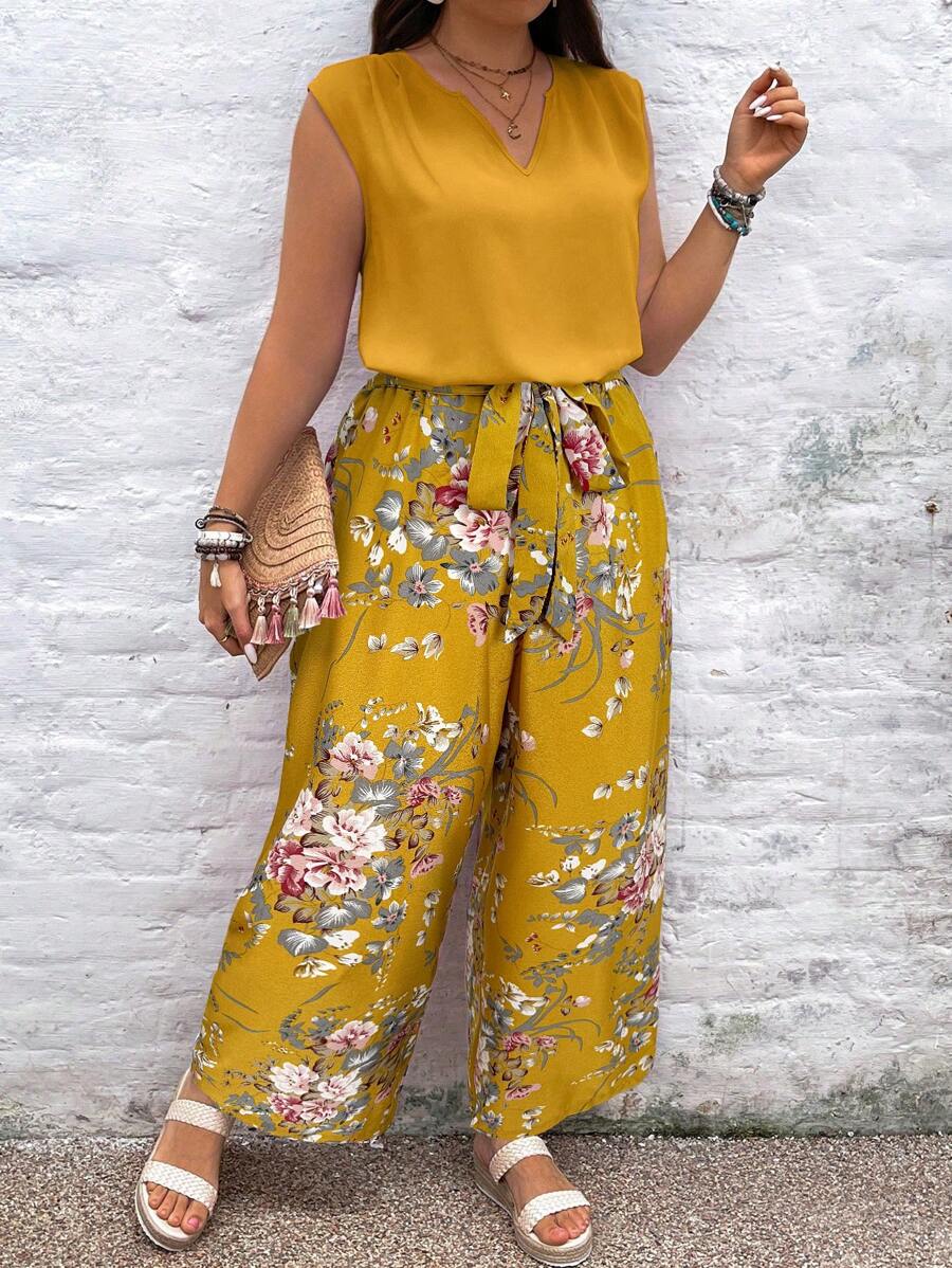 SHEIN VCAY Plus Size Boho Holiday Solid Color Notched V-Neck Blouse & Floral Print Wide Leg Pants 2 Pieces Set, For Summer - Yellow - View 1