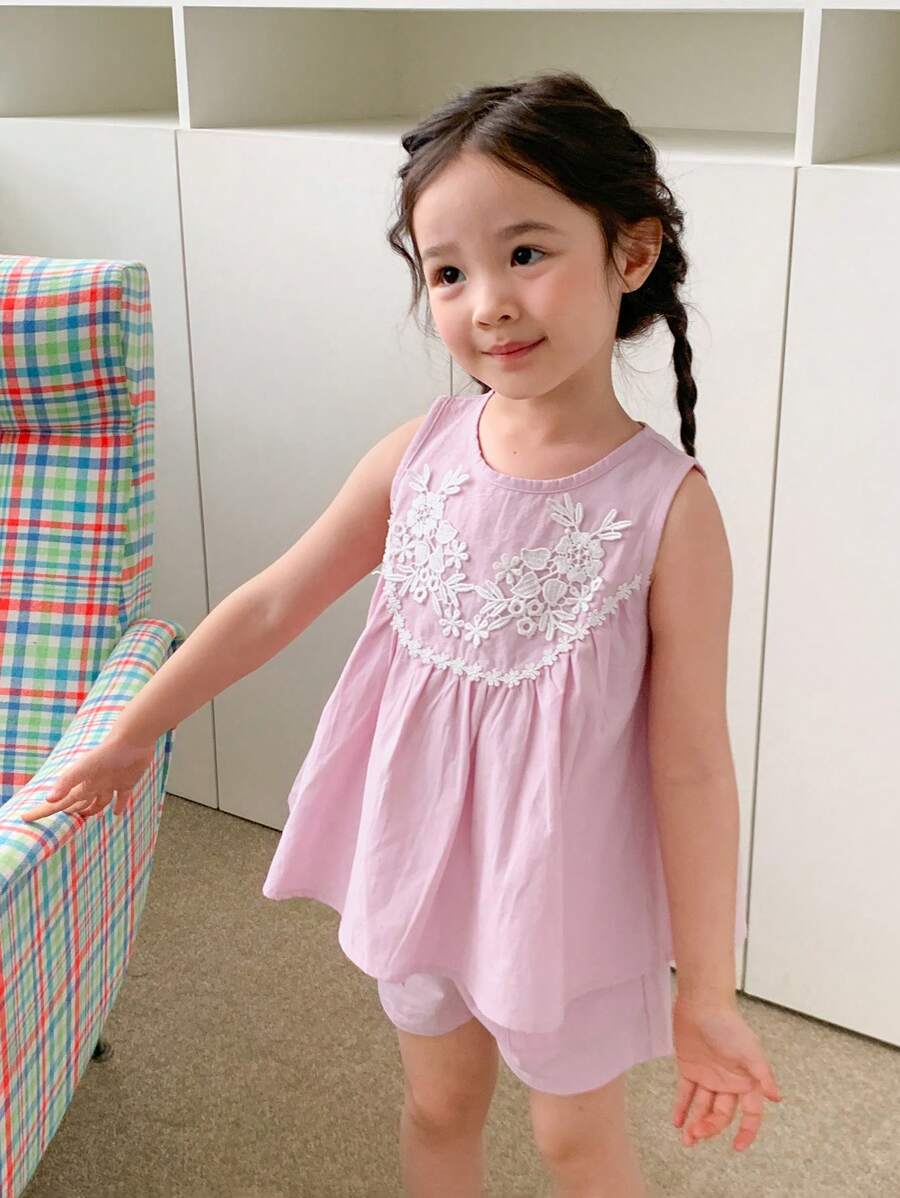 DAZY Girls Embroidered Flowers Round Neck Sleeveless Top And Shorts Set, Simple Style,Girls Summer Outfits - Pink - View 1