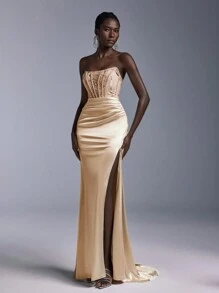 Elitara Women's Lace Patchwork Fish Bone Stitching Fish Tail Slit Formal Evening Gown,Elegant Prom Dress For Wedding Guest,Graduation,Dinner,Party Dress - Champagne - View 4