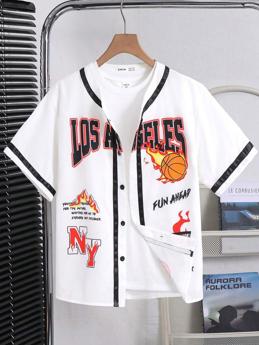Tween Jungen T-Shirt Oversize lässig, vielseitig, bequem, Streetwear-, Basketball Nummer & Buchstaben Muster Patchwork Einsätze, kurzärmig, locker geschnitten - Weiss - Übersicht 1