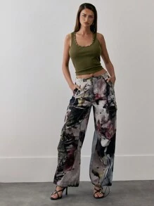 MUSERA Áo tank top ôm dáng cổ tròn, bo gân, viền đính cườm, thích hợp cho mùa thu hè xuân và các dịp lễ. - Màu xanh Ô liu - Xem 1
