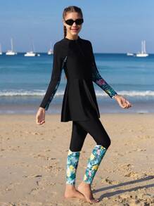 SHEIN 2pcs/Set Teen Girl Spaghetti Strap Tankini Swimwear, Floral Print Long Sleeve Top & High Waist Bottom, Swimwear Set - Multicolor - View 4