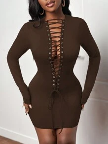 Slaydiva Sexy Hollow-Out Lace-Up Detail Mini Dress - Brown - View 3