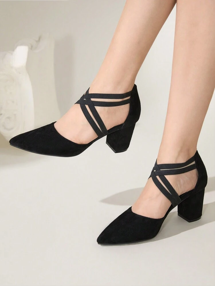 CUCCOO CHICEST Women Fashion Black Velvet Elastic Strap Pointed Toe Chunky High Heel Pumps, Office, Date, Party, Wedding, Holiday Summer Shoes Summer Break Easter Prom Heels For Christmas Elegant Shoes Wedding Shoes Summer Shoes Bride Shoes