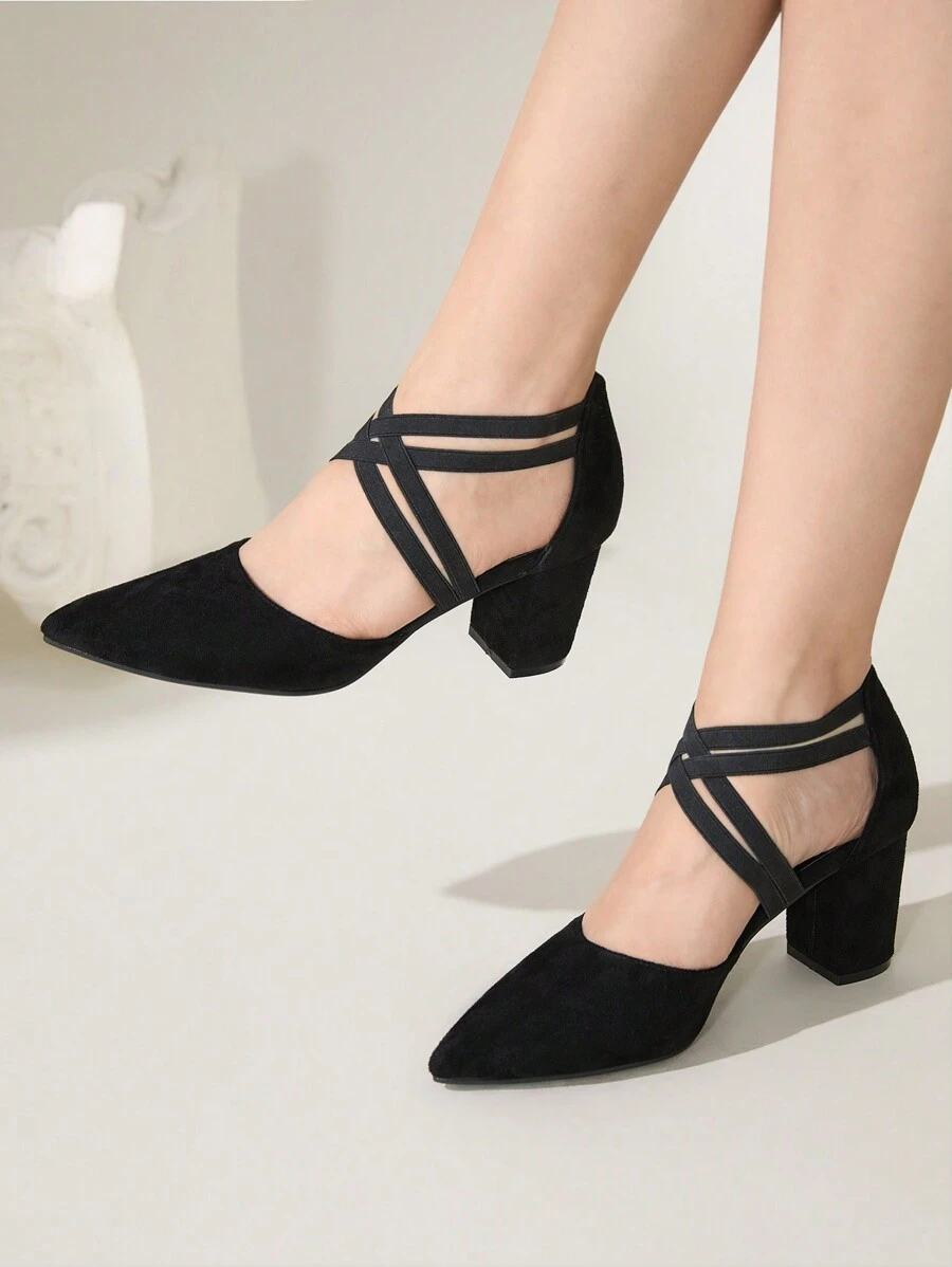 CUCCOO CHICEST 女士时尚黑色天鹅绒弹力带尖头粗高跟鞋，适合办公室、约会、派对、婚礼、节日 - 黑色 - 查看 1