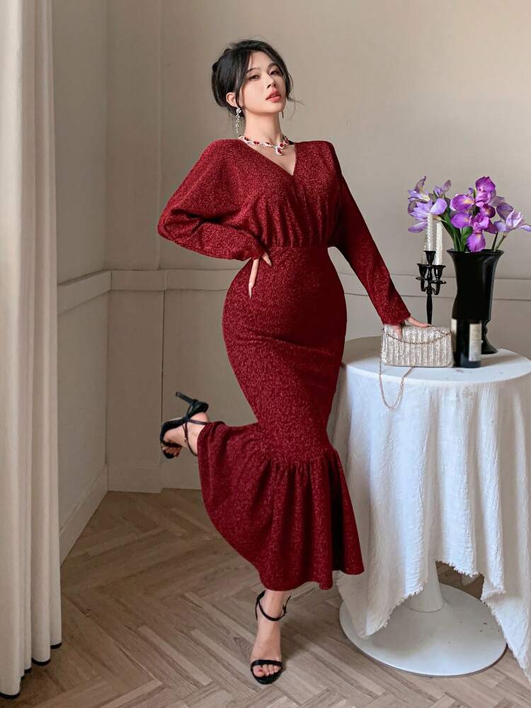 Angola Red V-Neck Fit & Flare Midi Dress For Date Night, Party, Waist Cinched Prom Dress Party Women,Ruffle,Fall Dress Homecoming Dresses Long Sleeve Dress Christmas,New Year Elegant Women Dresses