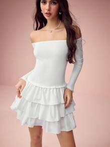 Enchnt Women's Off Shoulder Long Sleeve Ruffle Hem Solid Color Fashion Dress - White - View 7