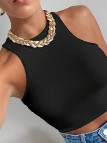SHEIN Privé Débardeur ajusté noir décontracté et polyvalent avec col rond, boutons de perle au dos - Noir - Voir 3
