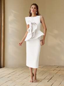 MOTF PREMIUM EXAGGERATE RUFFLE TRIM DRESS WOMEN MIDI DRESSES ELEGANT ELEGANT - White - View 7
