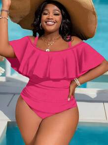 Slaydiva Plus Size Women's Solid Color Vacation Ruffled Cold Shoulder One Piece Swimsuit, For Summer Beach - Hot Pink - View 3