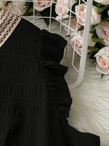 SHEIN LUNE 大码女式休闲 A 字形纹理面料盖袖圆领连衣裙 - 黑色 - 查看 4