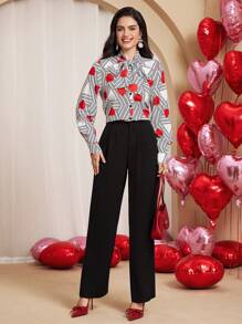 SHEIN Unity Women's Casual Heart Printed Tie Neck Blouse Fall Cloth For Women - White - View 6