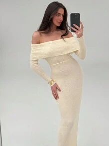 Aloruh Minimalist Apricot Off Shoulder Long Sleeve Bodycon Maxi Spring Sweater Dress For Women - Apricot - View 6