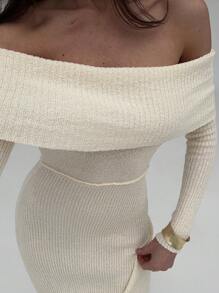 Aloruh Minimalist Apricot Off Shoulder Long Sleeve Bodycon Maxi Spring Sweater Dress For Women - Apricot - View 2