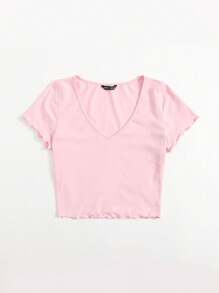 SHEIN EZwear V-Neck Lettuce Trim Top