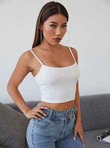 SHEIN EZwear Rib-knit Crop Cami Top - White - View 4